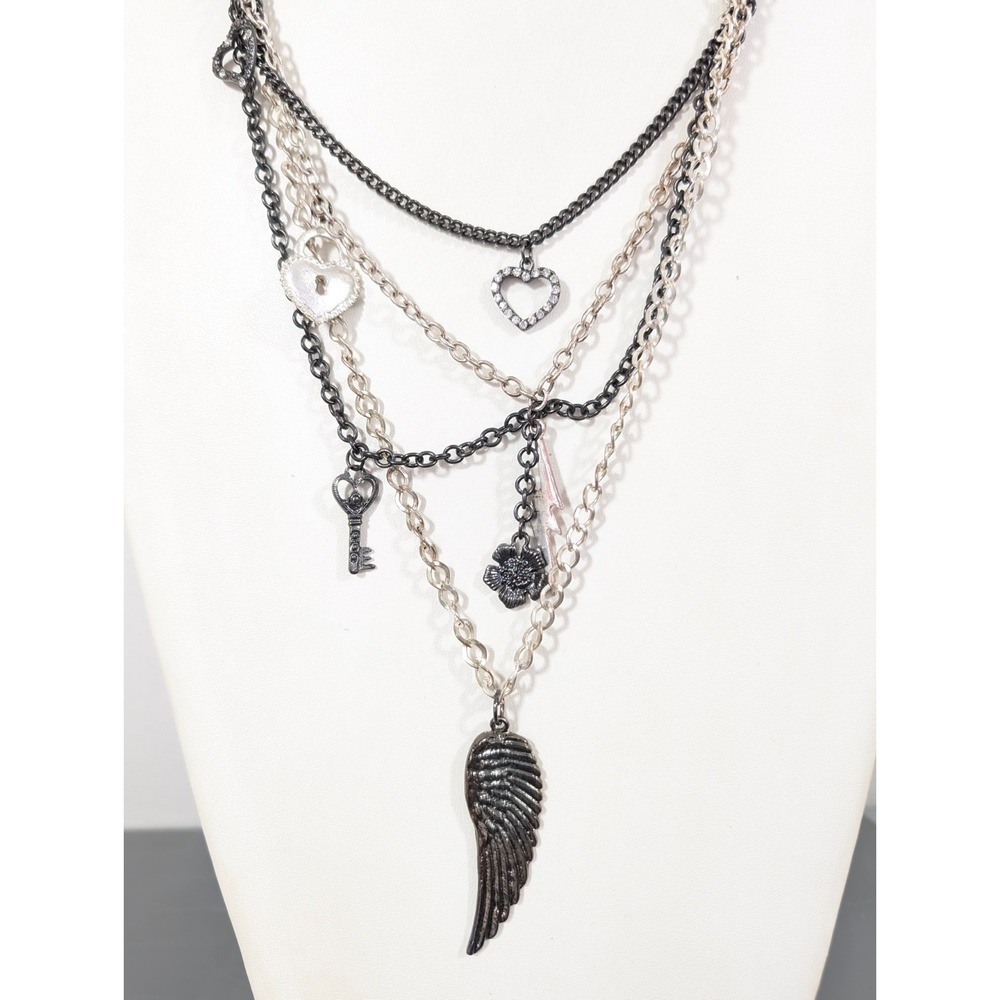 Layered Mixed Metal Charm Necklace Heart Lock Key Wing Edgy Romantic Y2K Goth